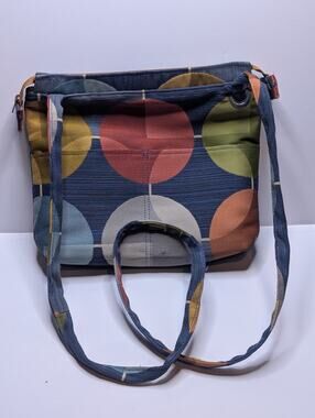 Geometric Circle Print Tote Bag Blue Multicolor Fabric Shoulder Purse